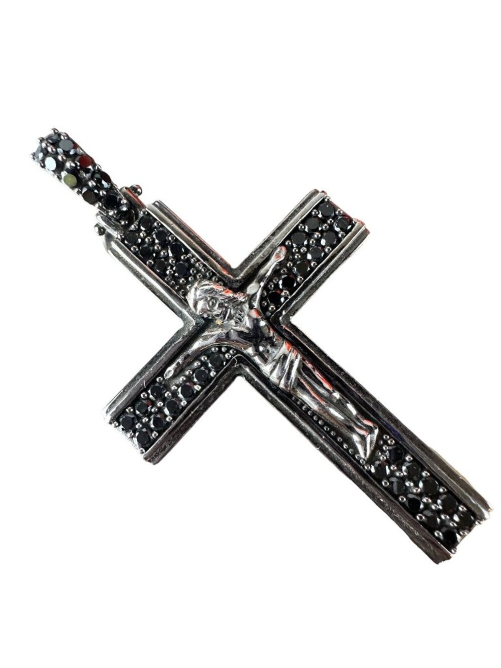 Sterling Silver 925 Crucifix Cross Pendant With Black Glass Stones